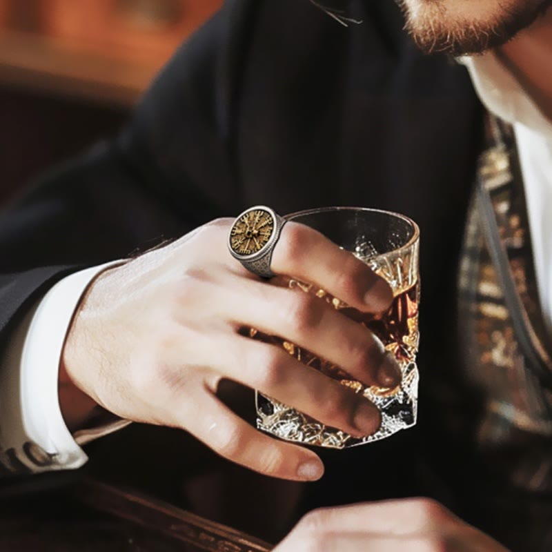 WorldNorse 925 Sterling Silver Vegvisir Skull Inlaid Ring - image 3