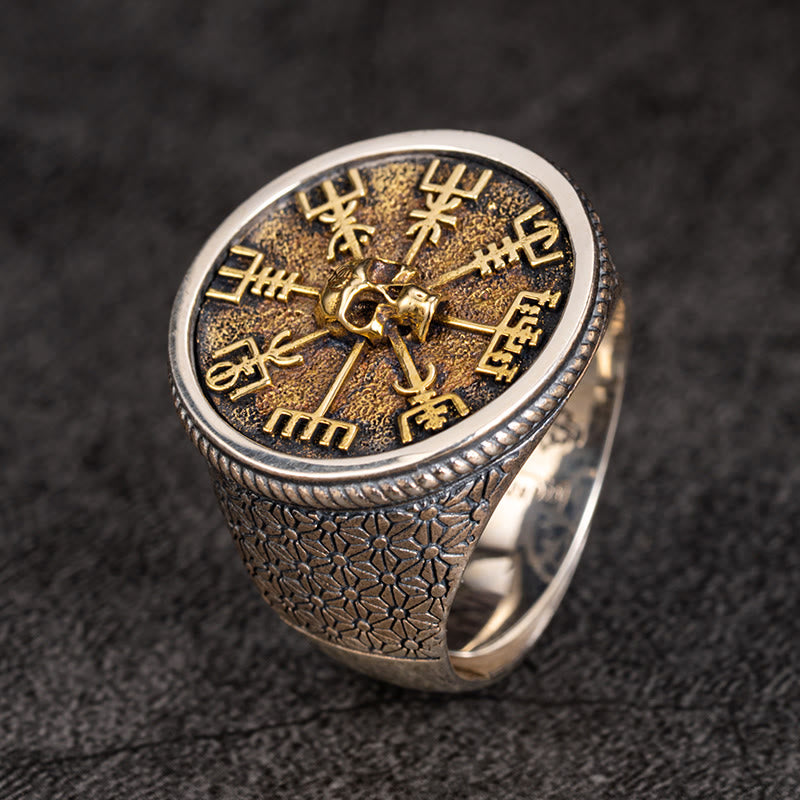 WorldNorse Handcrafted 925 Silver Vegvisir Skull Inlaid Ring - UK Size Z（US 13） - NO THANKS - image 0