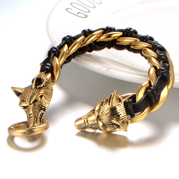 WorldNorse Wolves Head Interwoven Leather Chain Bracelet