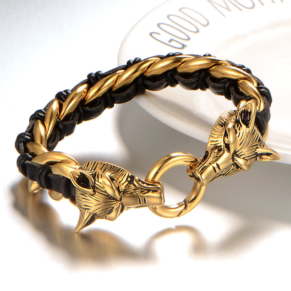 WorldNorse Wolves Head Interwoven Leather Chain Bracelet