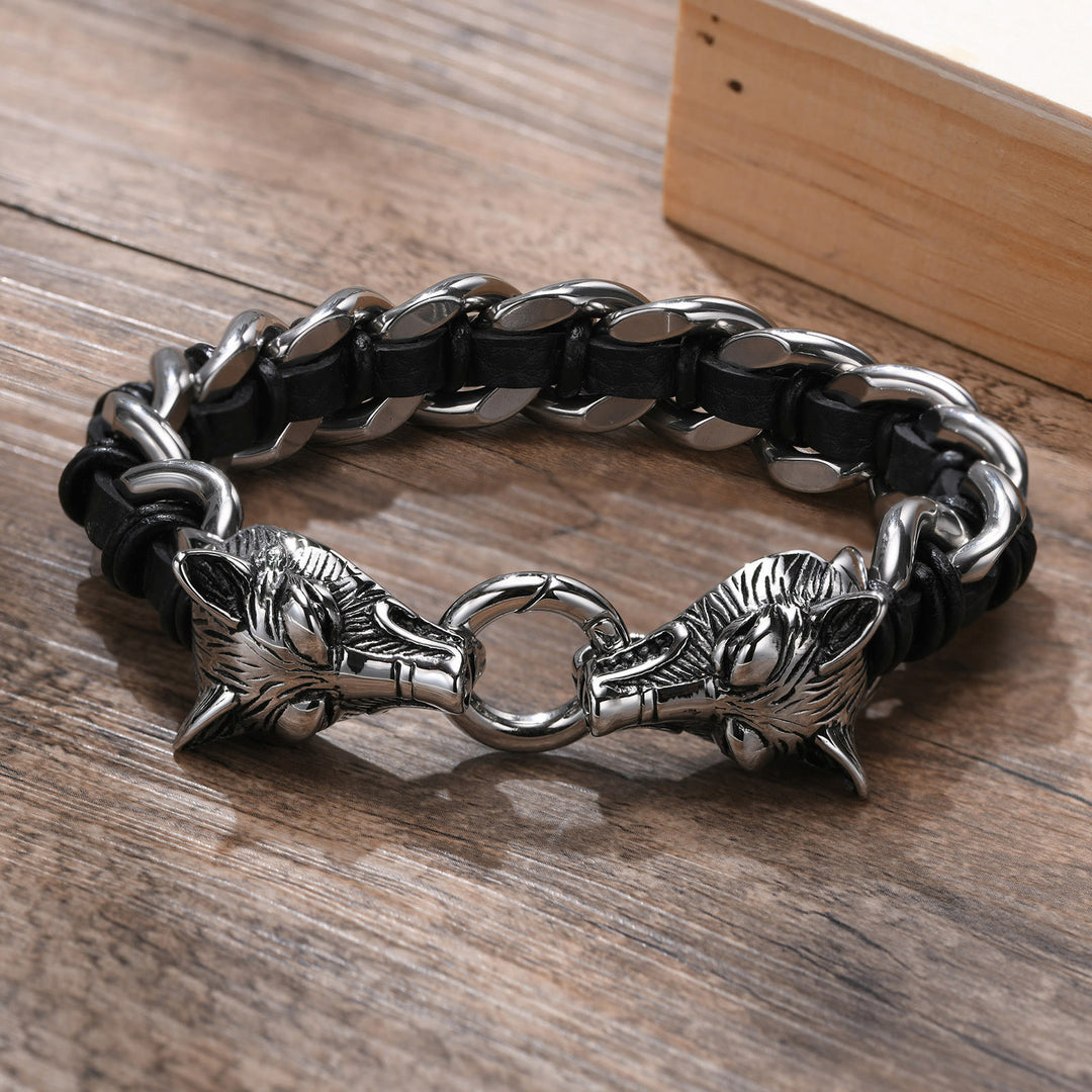 WorldNorse Wolves Head Interwoven Leather Chain Bracelet - image 3