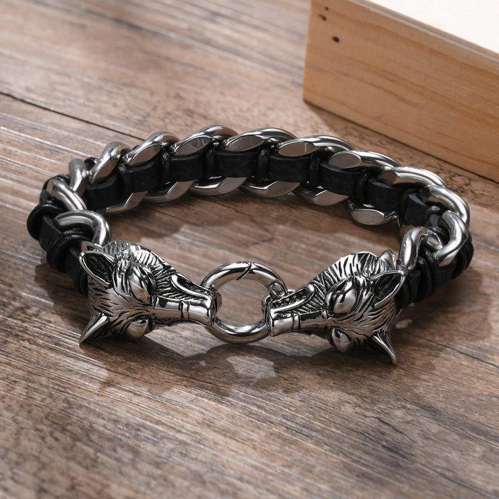 WorldNorse Wolves Head Interwoven Leather Chain Bracelet - image 3