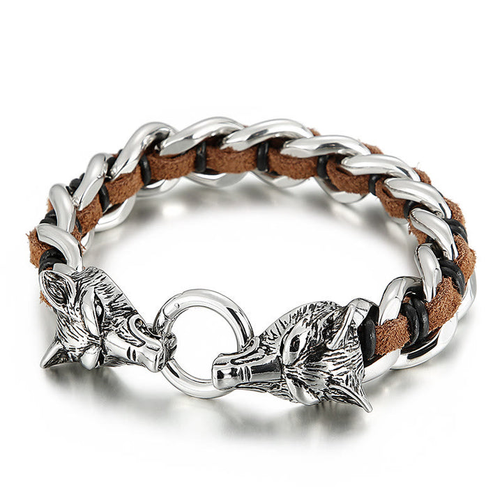 WorldNorse Wolves Head Interwoven Leather Chain Bracelet
