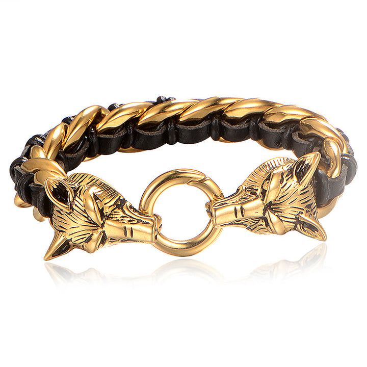 WorldNorse Wolves Head Interwoven Leather Chain Bracelet