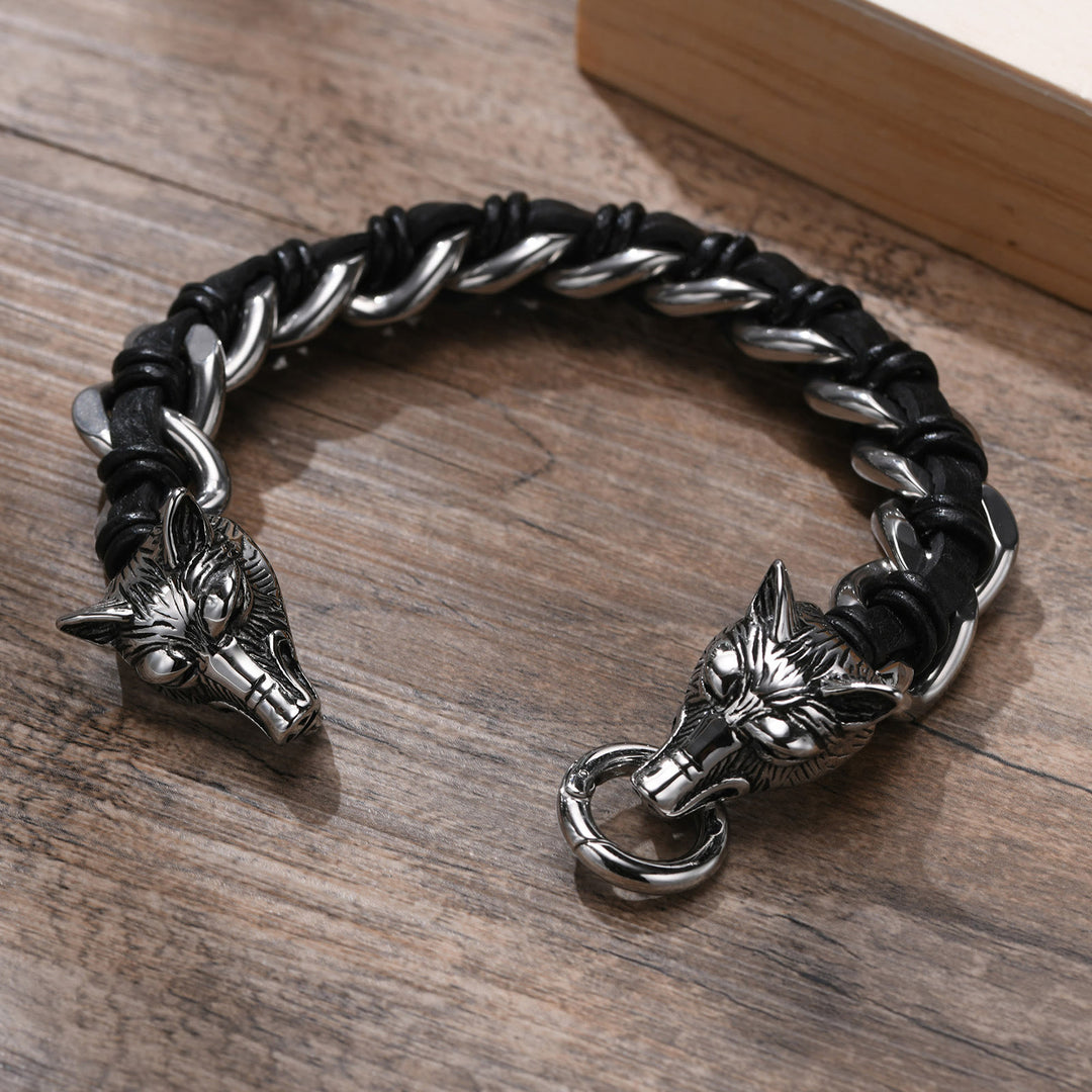 WorldNorse Wolves Head Interwoven Leather Chain Bracelet