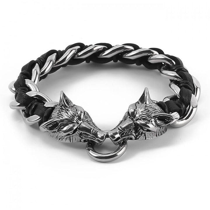 WorldNorse Wolves Head Interwoven Leather Chain Bracelet