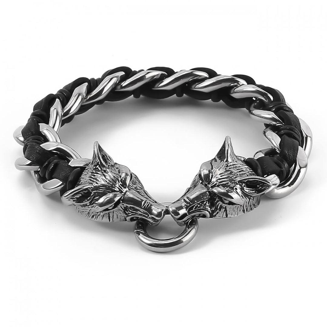 WorldNorse Wolves Head Interwoven Leather Chain Bracelet - Silver - image 0