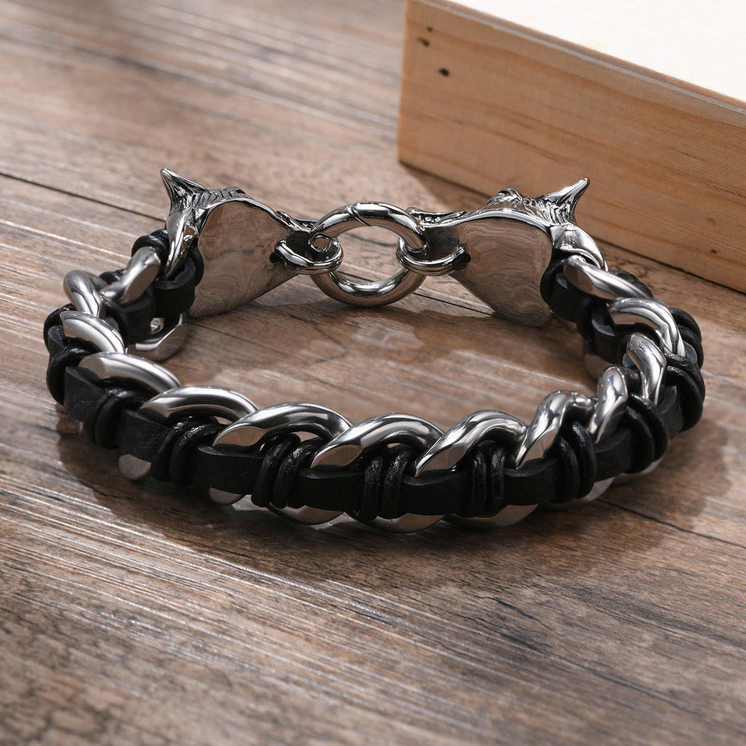 WorldNorse Wolves Head Interwoven Leather Chain Bracelet