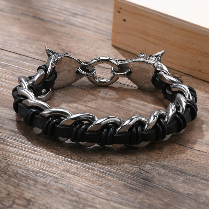 WorldNorse Wolves Head Interwoven Leather Chain Bracelet