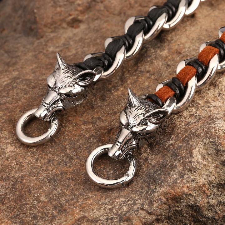 WorldNorse Wolves Head Interwoven Leather Chain Bracelet