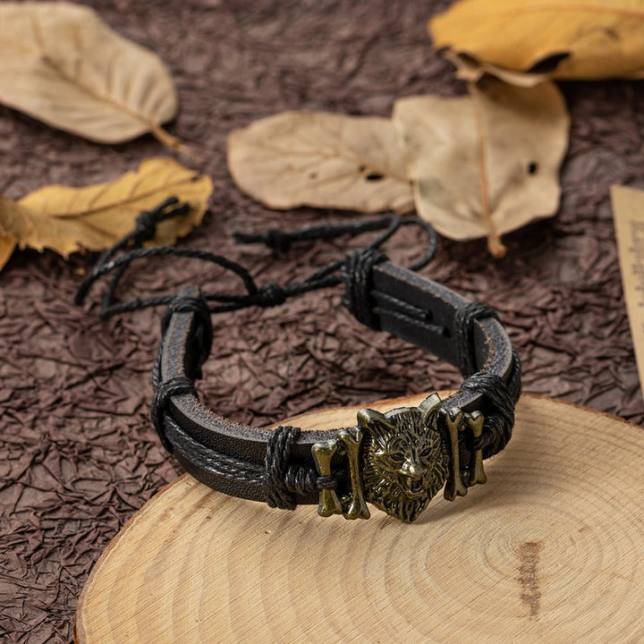 WorldNorse Wolf Head With Leather Bracelet