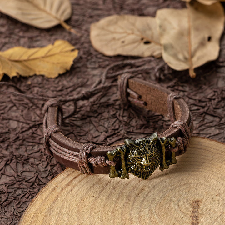 WorldNorse Wolf Head With Leather Bracelet
