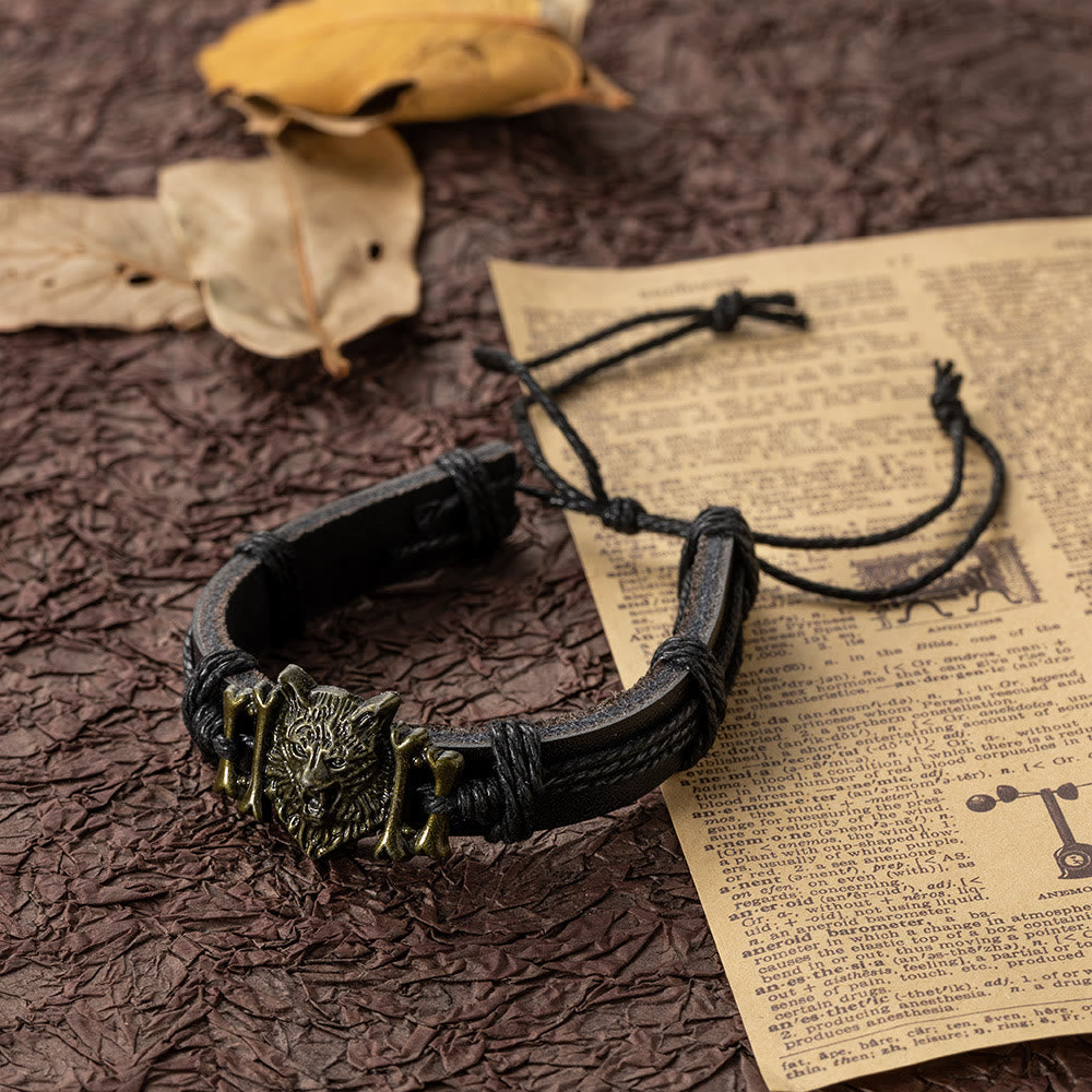 WorldNorse Wolf Head With Leather Bracelet