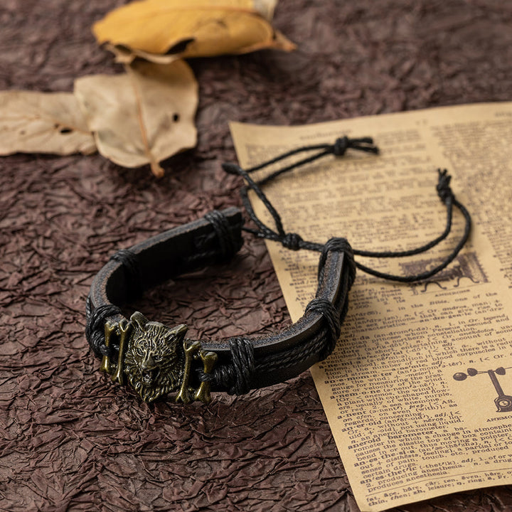 WorldNorse Wolf Head With Leather Bracelet