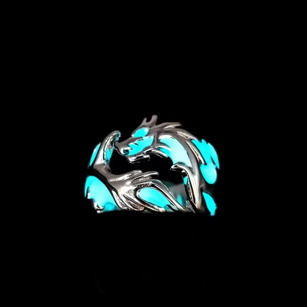 WorldNorse Luminous Glow In The Dark Dragon Ring - Silver-Blue Green Light - image 3