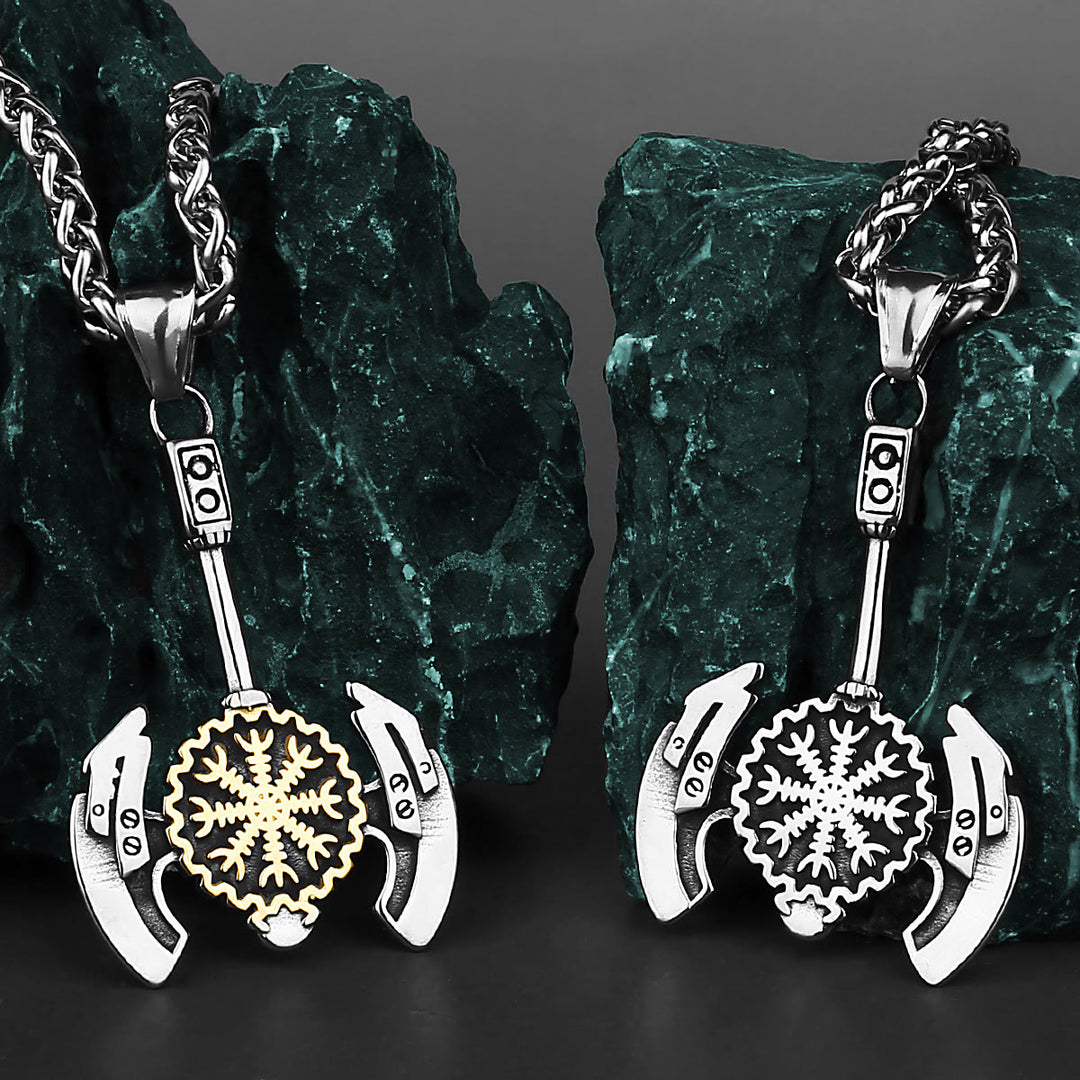 WorldNorse Helm of Awe Valknut Axe Necklace