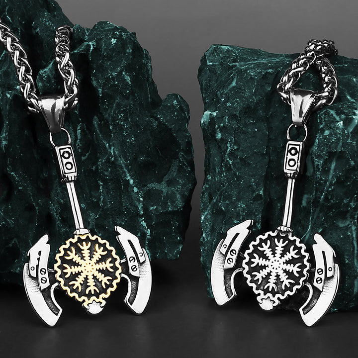 WorldNorse Helm of Awe Valknut Axe Necklace