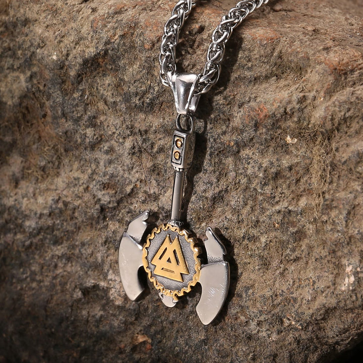 WorldNorse Helm of Awe Valknut Axe Necklace