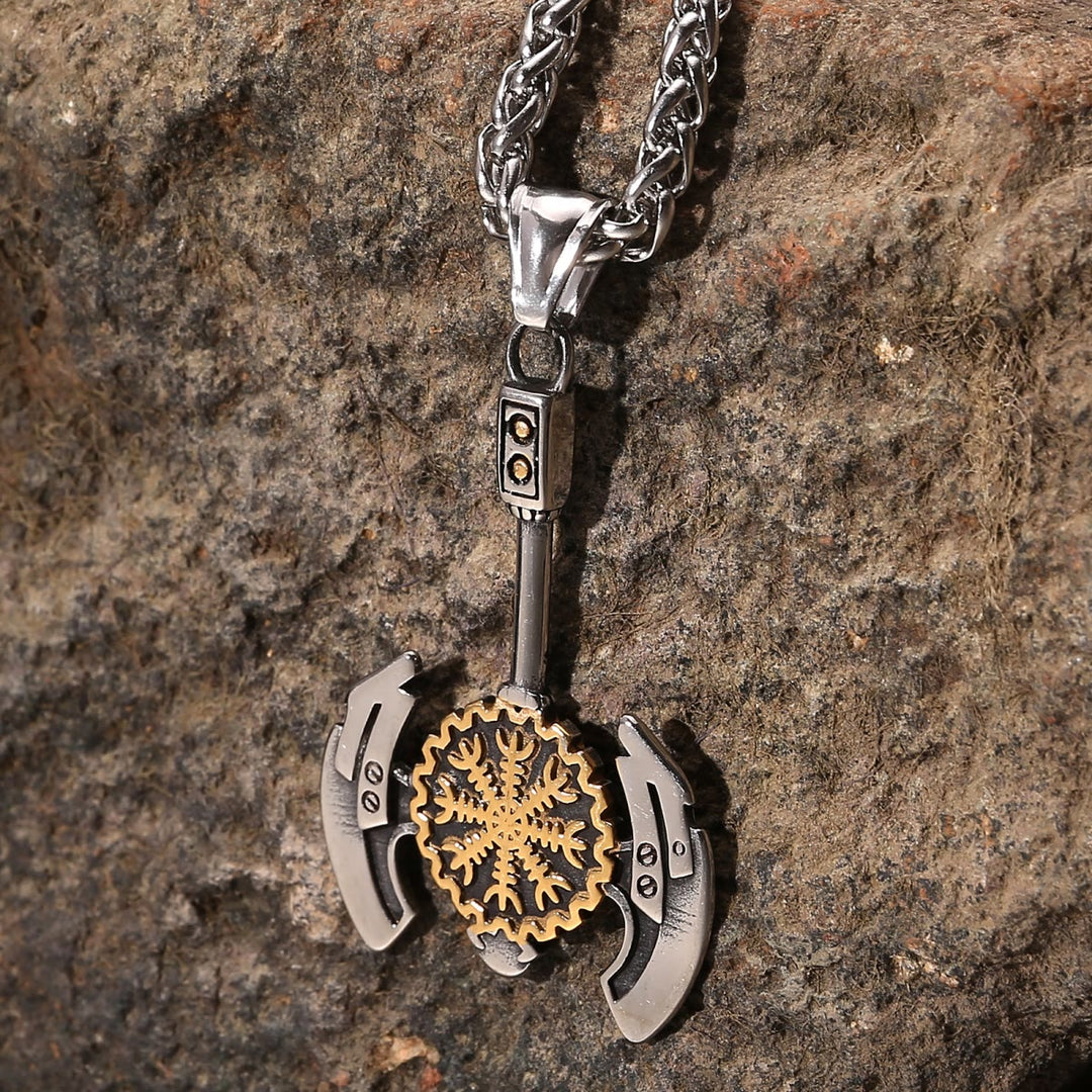 WorldNorse Helm of Awe Valknut Axe Necklace