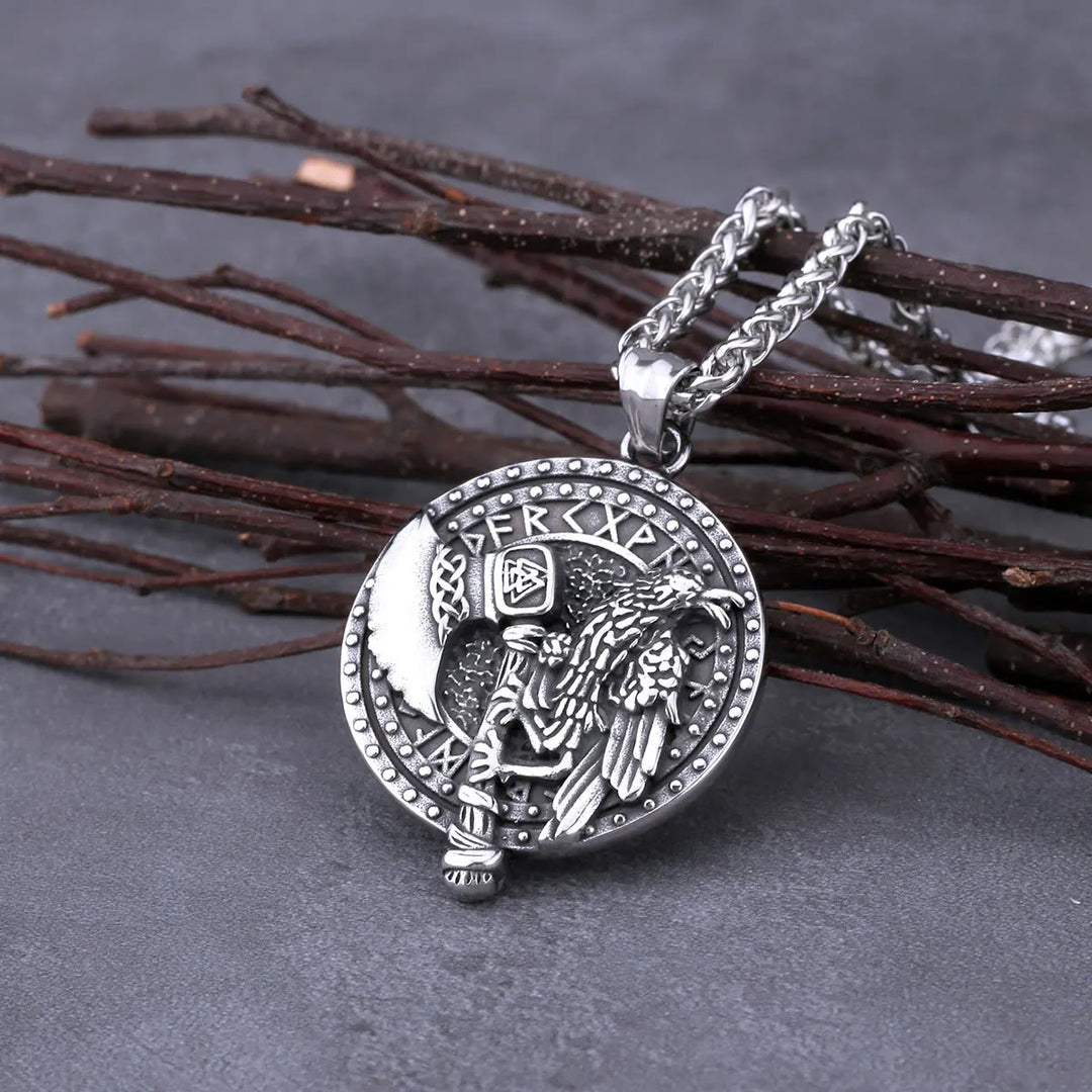 WorldNorse Raven And Axe With Runes Necklace - Silver - image 7