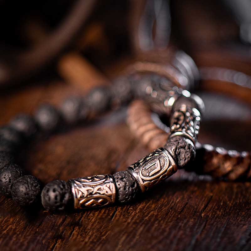 WorldNorse Celtic Knot Volcanic Rock Runic Bracelet