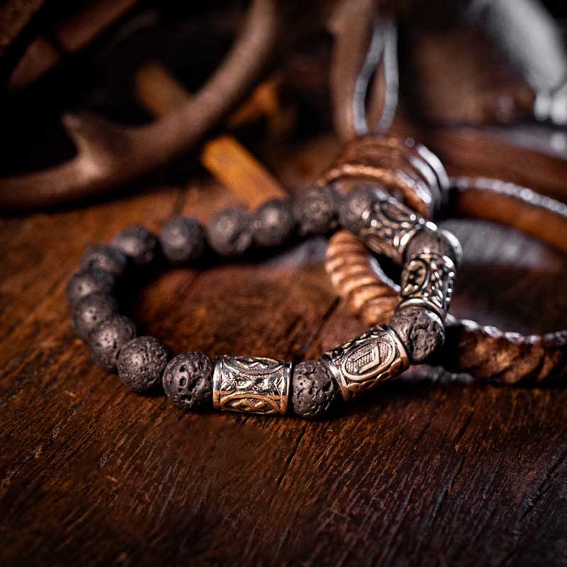 WorldNorse Celtic Knot Volcanic Rock Runic Bracelet