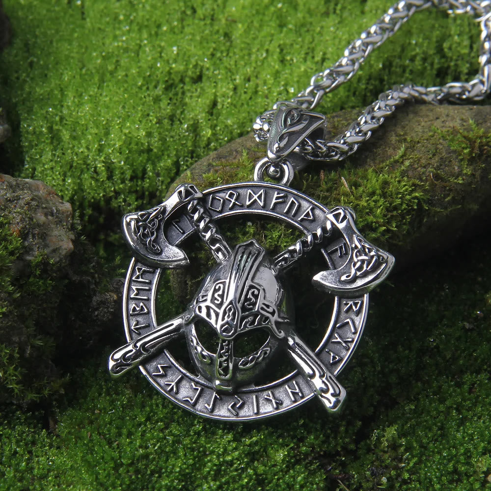 WorldNorse Double Tomahawk Warrior Helmet Necklace - image 1