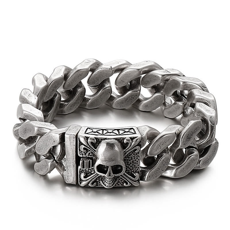 WorldNorse Skull Clasp Cuban Bracelet - Retro Silver - 22cm - image 0