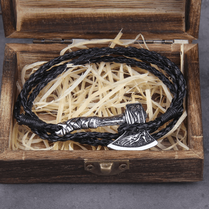 WorldNorse Viking Valknut Axe Amulet Multilayer Leather Bracelet
