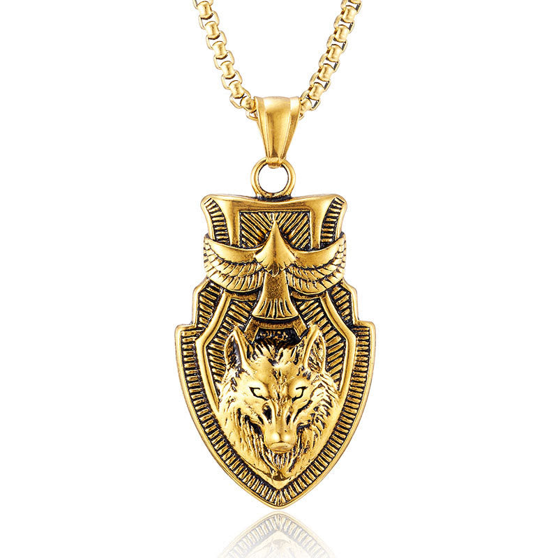 WorldNorse Flying Raven Wolf Head Shield Necklace