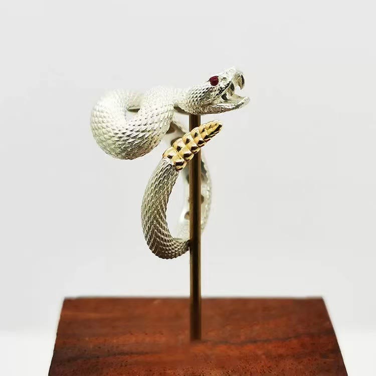 WorldNorse Vintage Rattlesnake Adjustable Ring - White & Gold Tail#Mouth Opened - image 9