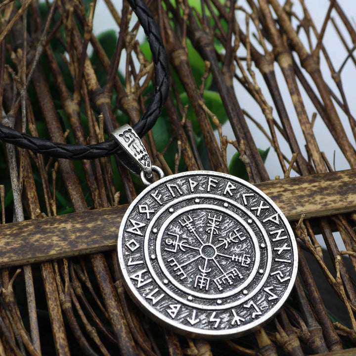 WorldNorse Vegvisir Rune Round Necklace - Silver - With Leather Rope - image 5