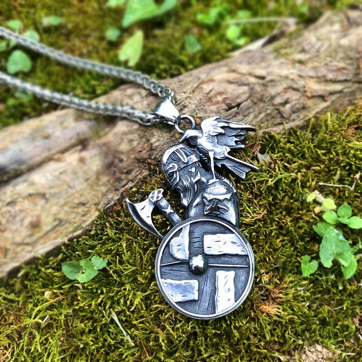 WorldNorse Viking Axe Shield Raven Necklace - Silver - image 0