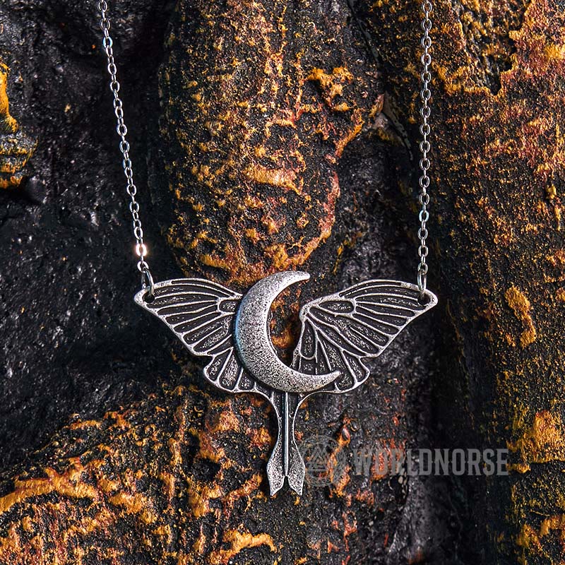 WorldNorse Gothic Moon Moth Dangle Necklace - Retro Silver - image 0