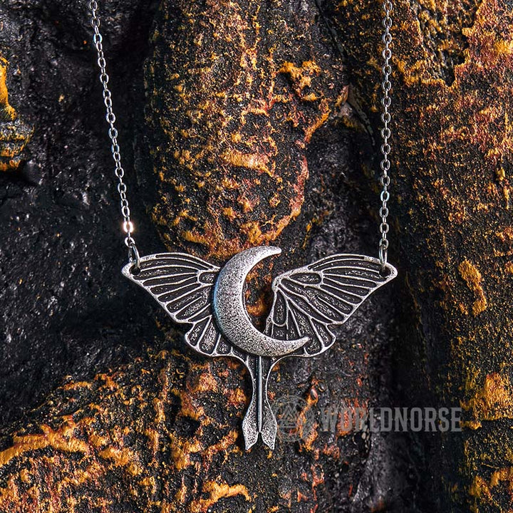 WorldNorse Gothic Moon Moth Dangle Necklace - Retro Silver - image 0