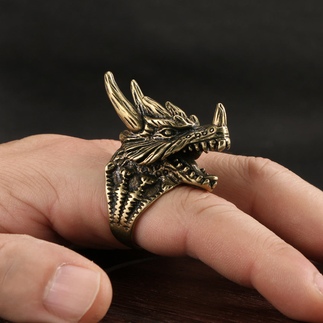 WorldNorse Warcraft Tyrannosaurus Dragon Head Ring - Two-horned Demonic Dragon - image 0