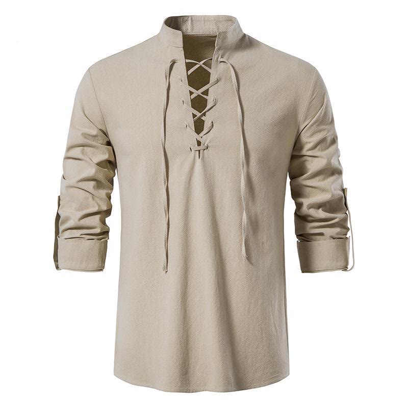 WorldNorse Medieval Lace-Up Tunic Henley Costume Shirt - Khaki - 3XL - image 1