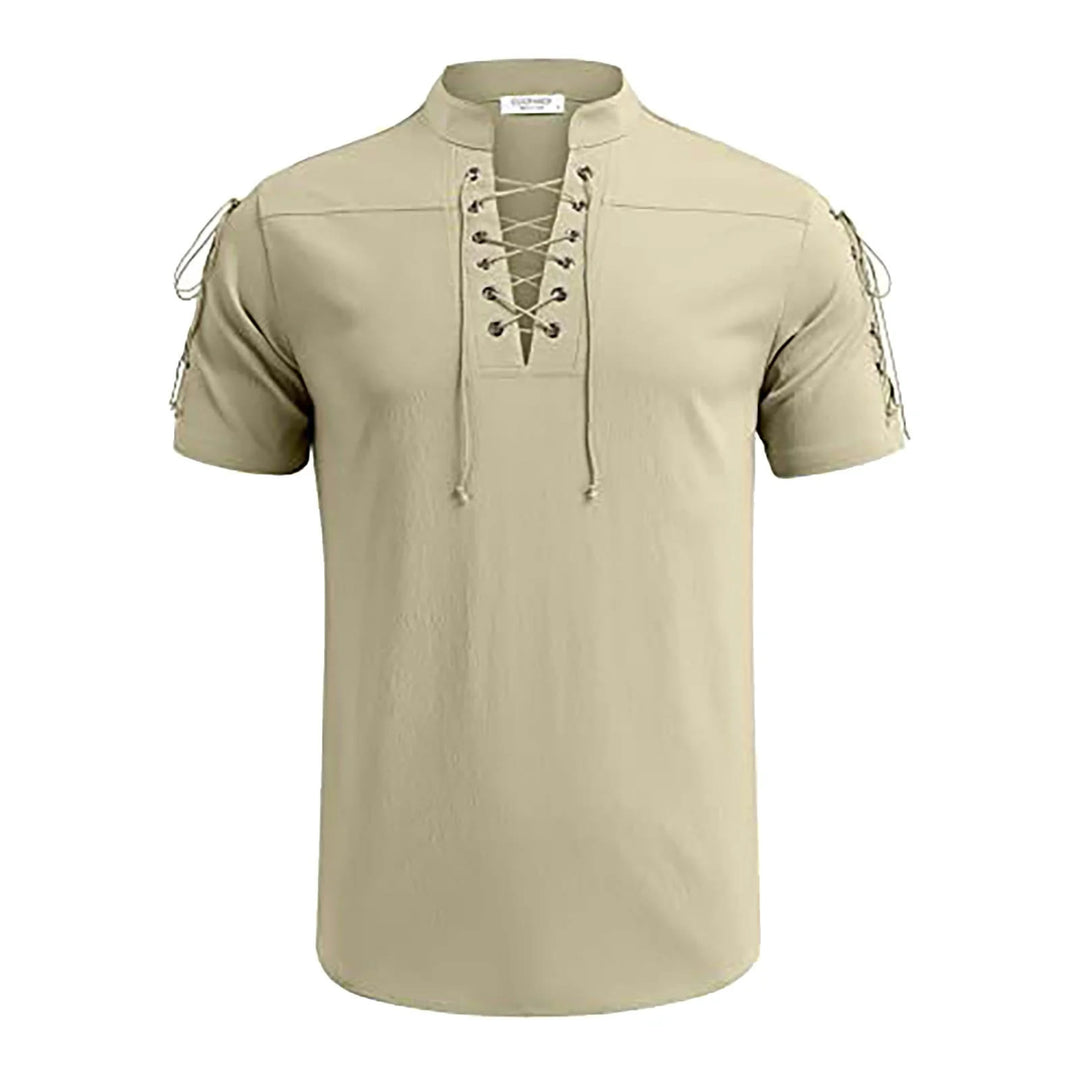 WorldNorse Medieval Lace-Up Short Sleeve Costume Shirt - Khaki - 3XL - image 0
