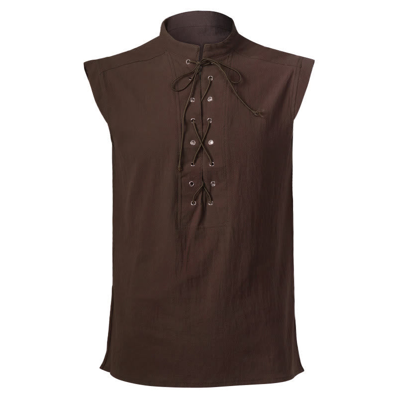 WorldNorse Medieval Sleeveless Lace-Up Collar Costume Shirt - Brown - 2XL - image 20