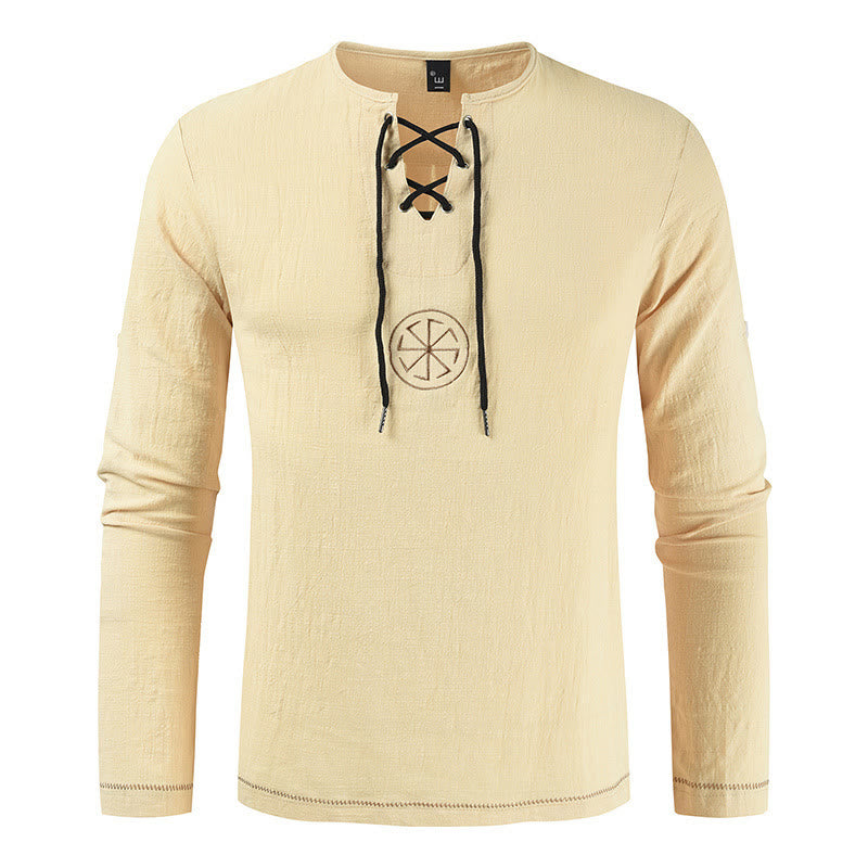 WorldNorse Nordic Lace-Up Collar Costume Shirt - Khaki - 4XL - image 0