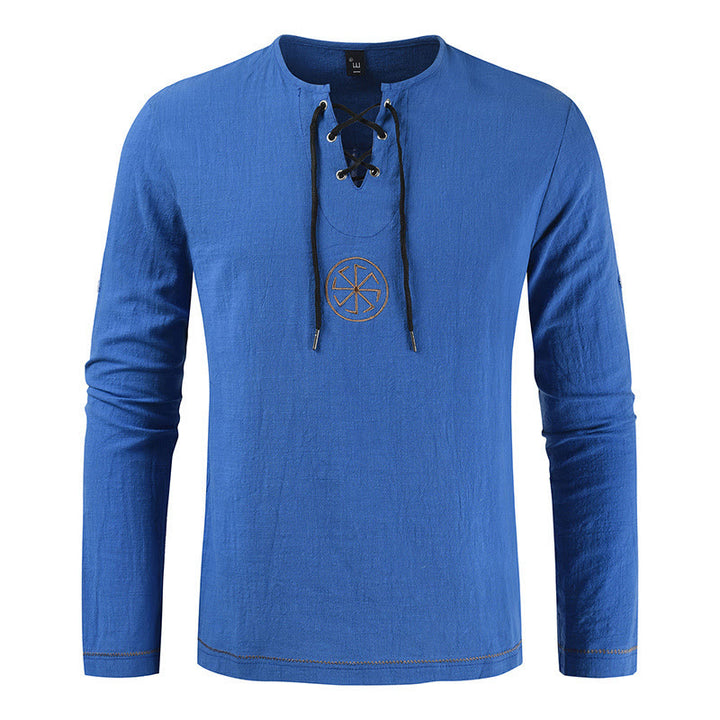 WorldNorse Nordic Lace-Up Collar Costume Shirt - Navy - 4XL - image 1