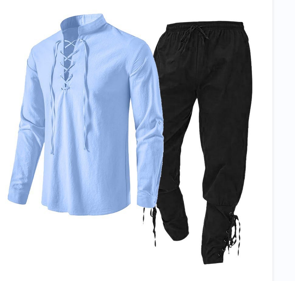 WorldNorse Medieval Viking 2-Piece Costume Set  - Light Blue Shirt + Black Pant - 3XL - image 1
