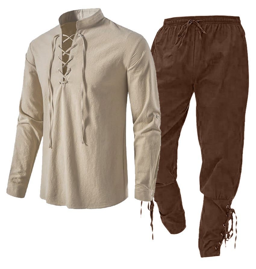 WorldNorse Medieval Viking 2-Piece Costume Set  - Khaki Shirt + Brown Pant - 3XL - image 2