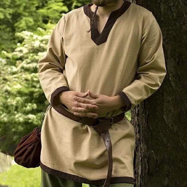 WorldNorse Medieval Viking Celtics Tunic Costume Shirt - Beige + Brown - 5XL - image 1