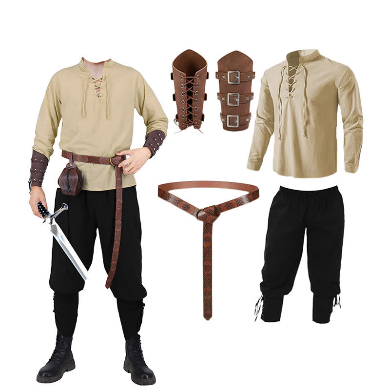 WorldNorse Medieval Nordic Tunic 4-Piece Costume Set  - Khaki Shirt + Black Pant + Belt + Wrist Guard - 3XL - image 2
