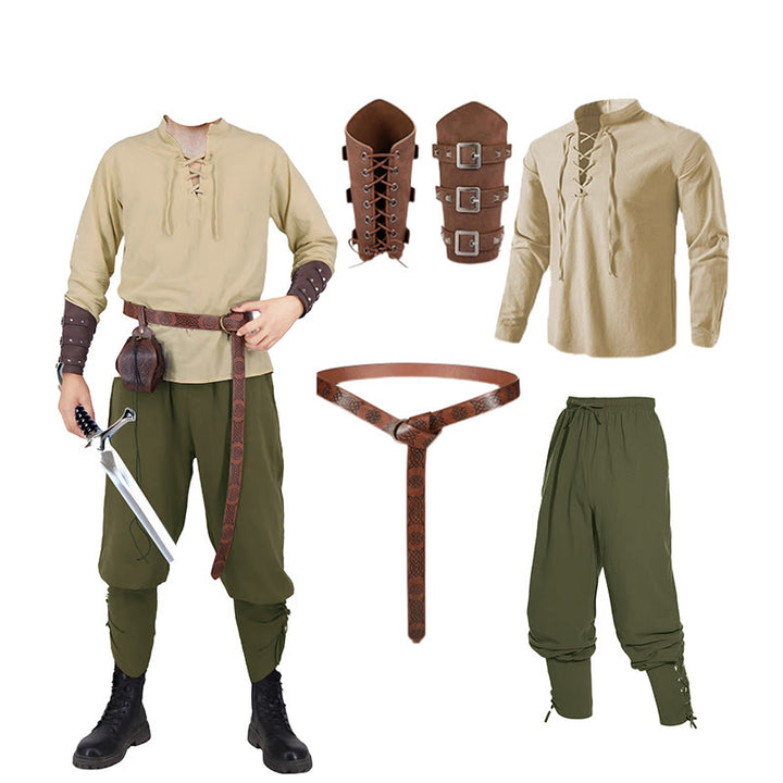 WorldNorse Medieval Nordic Tunic 4-Piece Costume Set  - Khaki Shirt + Green Pant + Belt + Wrist Guard - 3XL - image 6