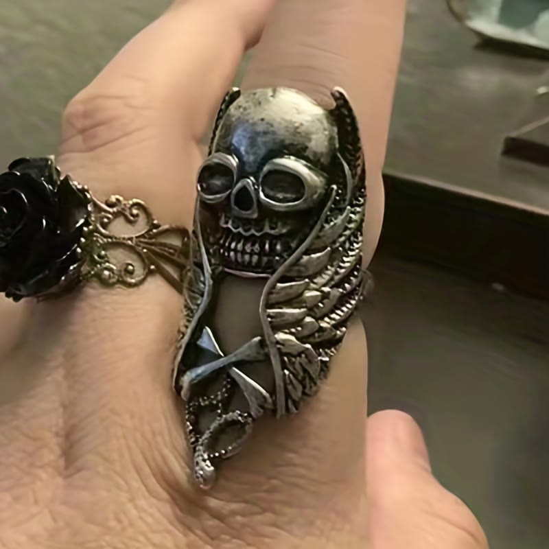 WorldNorse Punk Skull Feather Rock Ring - image 1