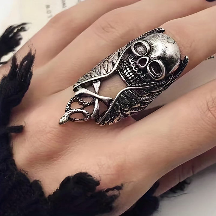 WorldNorse Punk Skull Feather Rock Ring - Adjustable - image 0