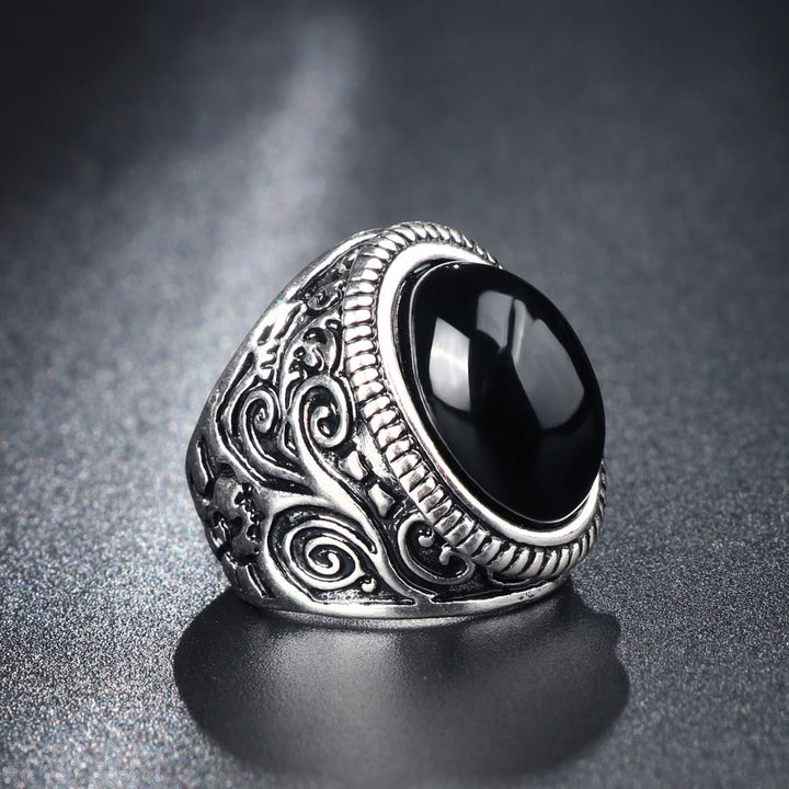 WorldNorse Titanium Steel Vintage Ring with Black Stone - UK Size T1/2 (US 10) - image 0