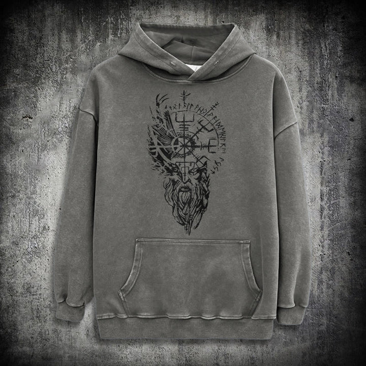WorldNorse Viking Old Man Vegvisir Washed Hoodie - Grey - 3XL - image 12